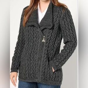 NWT AranCrafts 100% Merino Wool Asymmetrical Sweater Charcoal/Black Size XS